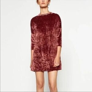 ZARA Pink Crushed Velvet 3/4 Sleeve Mock Neck Dolman Mini Dress SIZE SMALL